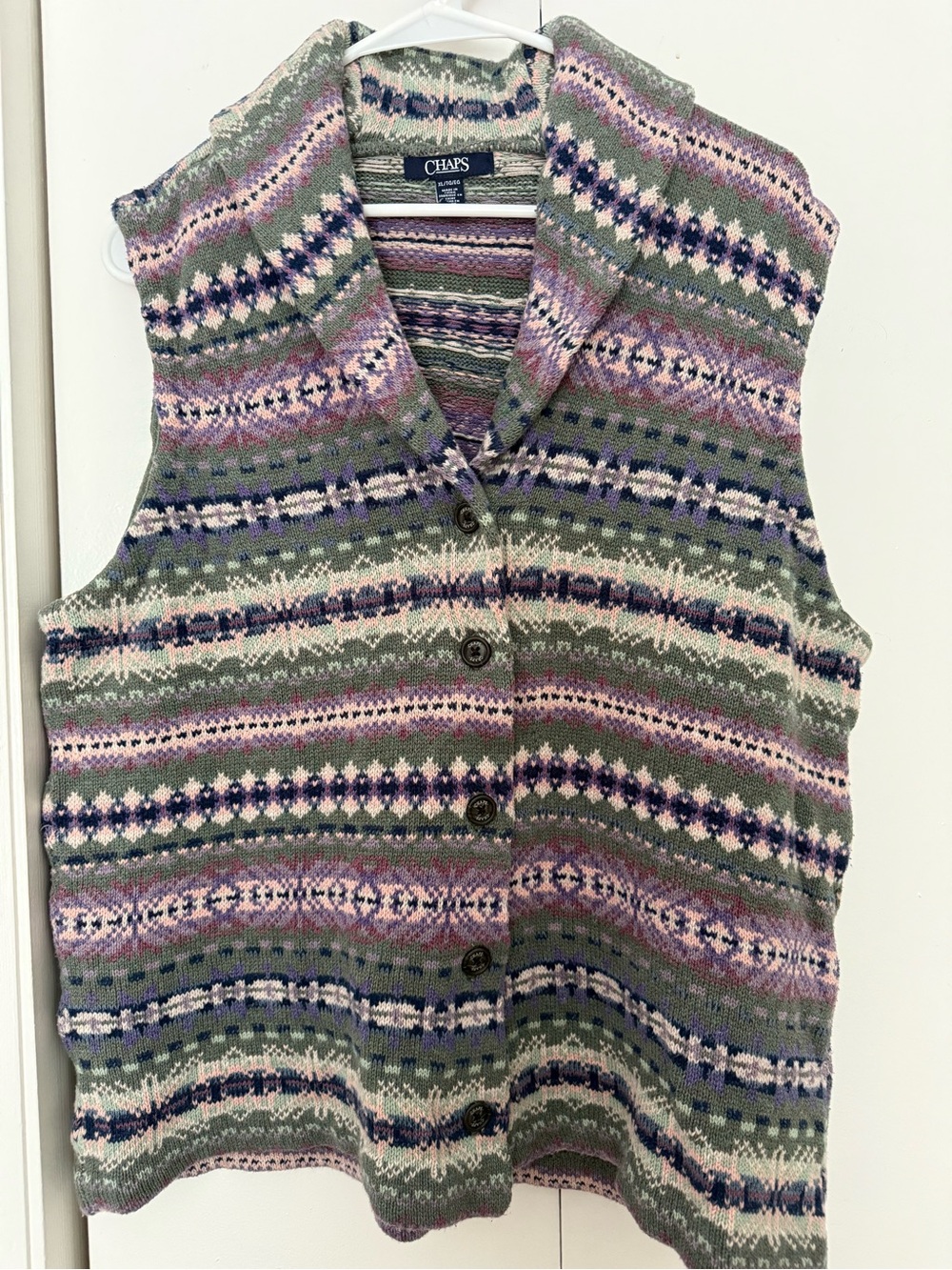 Chaps Green Pink Multicolor Fair Isle Button Vest